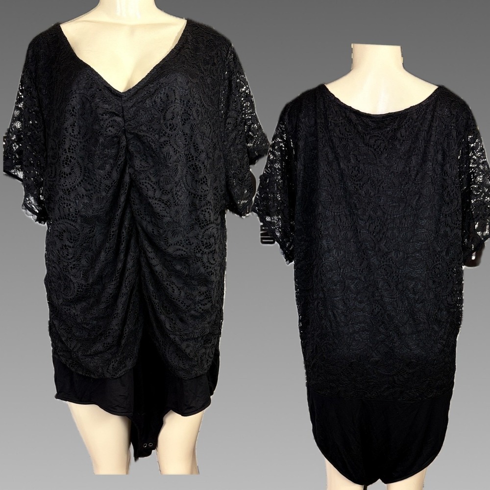 Torrid Black Floral Lace Lined Cinch Front Bodysuit Sheer Short Sleeve V-Neck 5X